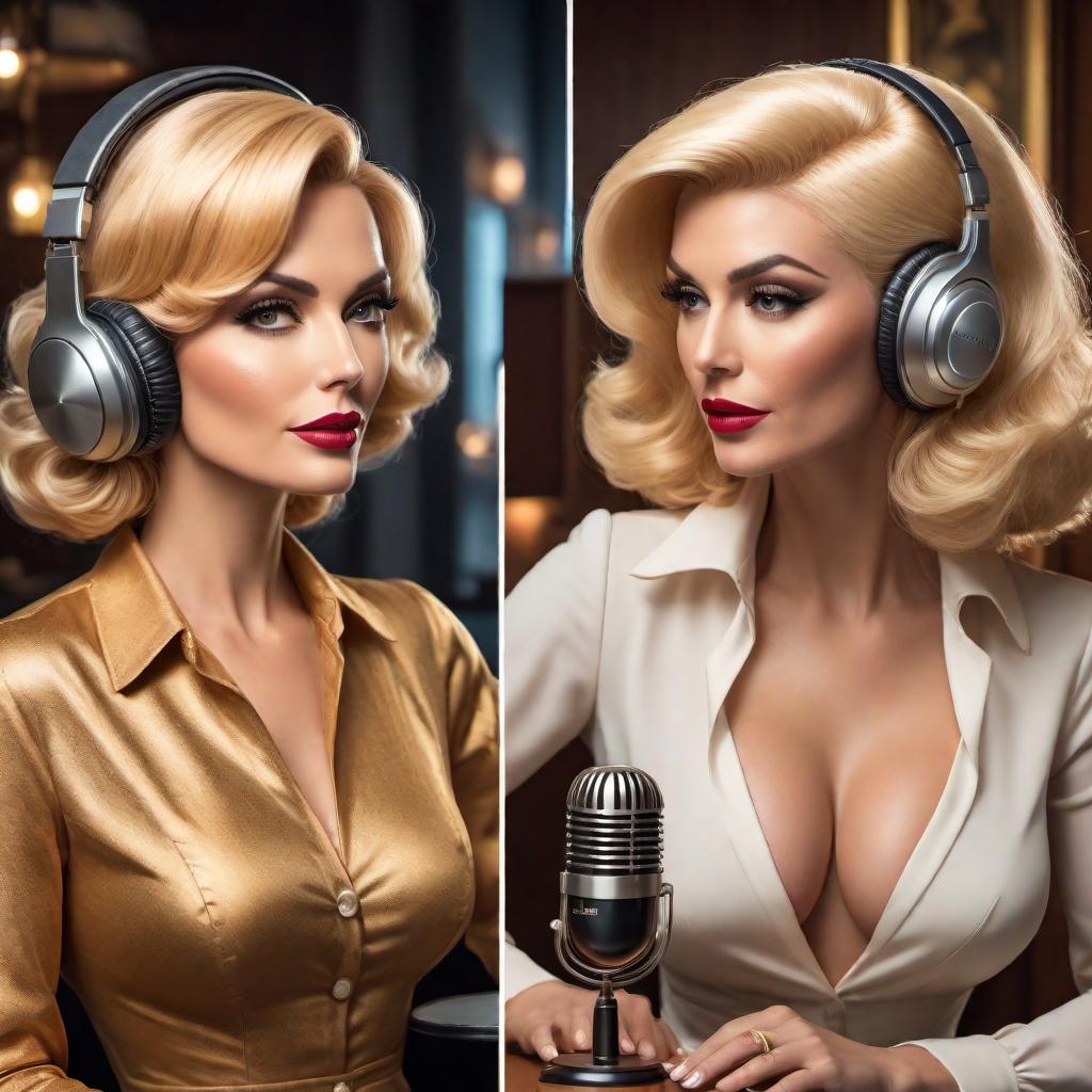  Create several more podcast covers in the vintage cartoon style, featuring two distinct women in their late 30s with different hair colors. One woman should have blonde hair, and the other should have dark brown hair. The women should be elegantly dressed in detailed outfits, one holding an espresso martini, and they should appear to be enjoying themselves in an upscale room set up for podcasting with microphones and headphones. The title 'Plotting Greatness' should be prominently displayed on each cover. Use inviting and warm colors like gold, white, and soft pastels to ensure each cover is eye-catching and conveys a sense of refinement and success, matching the vintage cartoon aesthetic of mid-20th century advertising. hyperrealistic, full body, detailed clothing, highly detailed, cinematic lighting, stunningly beautiful, intricate, sharp focus, f/1. 8, 85mm, (centered image composition), (professionally color graded), ((bright soft diffused light)), volumetric fog, trending on instagram, trending on tumblr, HDR 4K, 8K