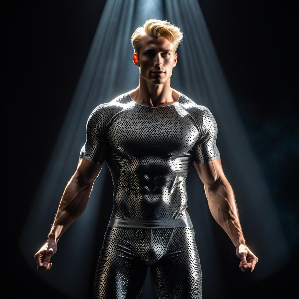  A young man, a blonde, thin, with a black background behind him, light falling from above, his entire body is covered with glistening spots. hyperrealistic, full body, detailed clothing, highly detailed, cinematic lighting, stunningly beautiful, intricate, sharp focus, f/1. 8, 85mm, (centered image composition), (professionally color graded), ((bright soft diffused light)), volumetric fog, trending on instagram, trending on tumblr, HDR 4K, 8K