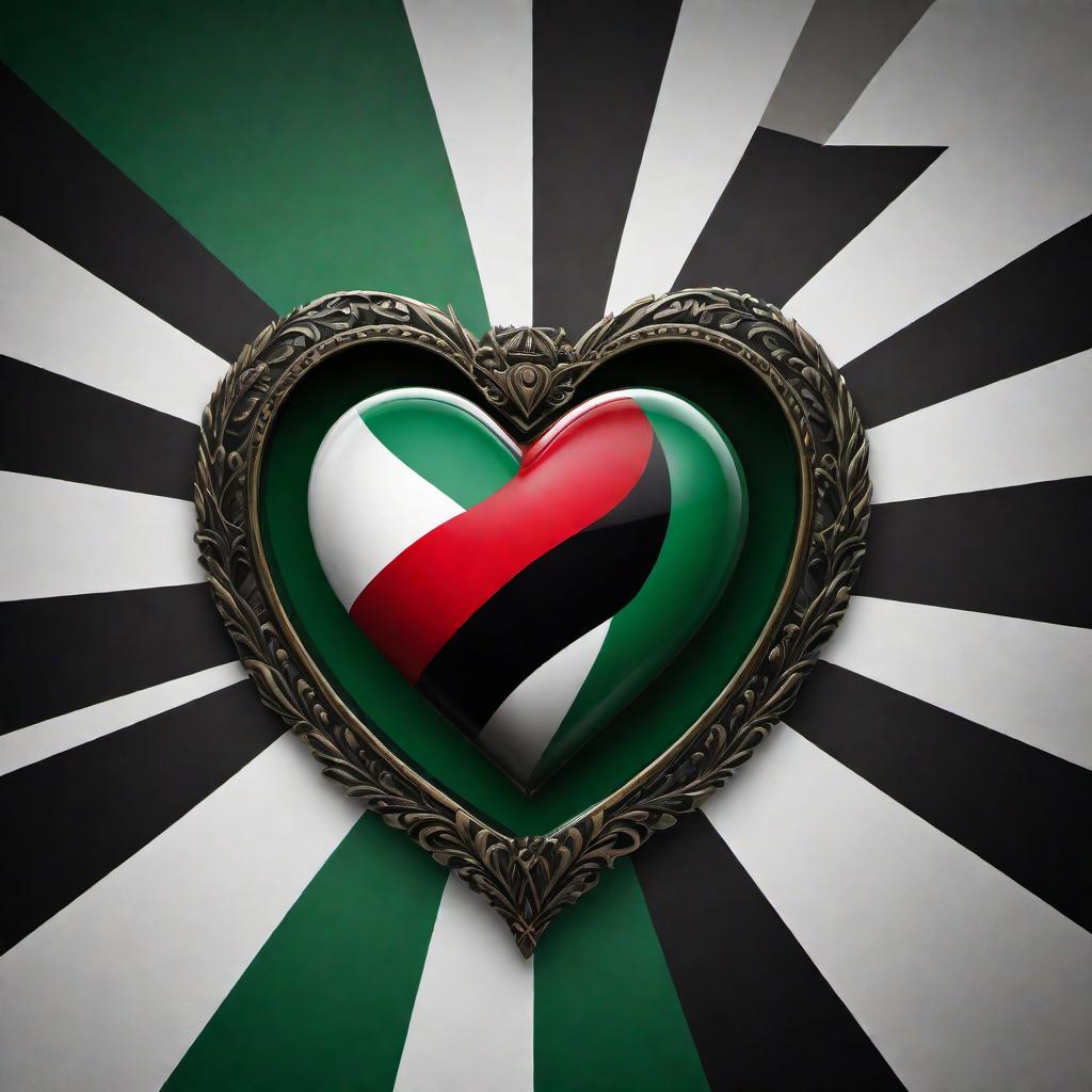  An image of a heart shape incorporating the Palestine flag colors (black, white, green, and red) with the phrase 'Freedom Palestine' elegantly written within or around the heart. The design should evoke feelings of love, unity, and support. The colors should be vibrant, and the composition should be harmonious. hyperrealistic, full body, detailed clothing, highly detailed, cinematic lighting, stunningly beautiful, intricate, sharp focus, f/1. 8, 85mm, (centered image composition), (professionally color graded), ((bright soft diffused light)), volumetric fog, trending on instagram, trending on tumblr, HDR 4K, 8K