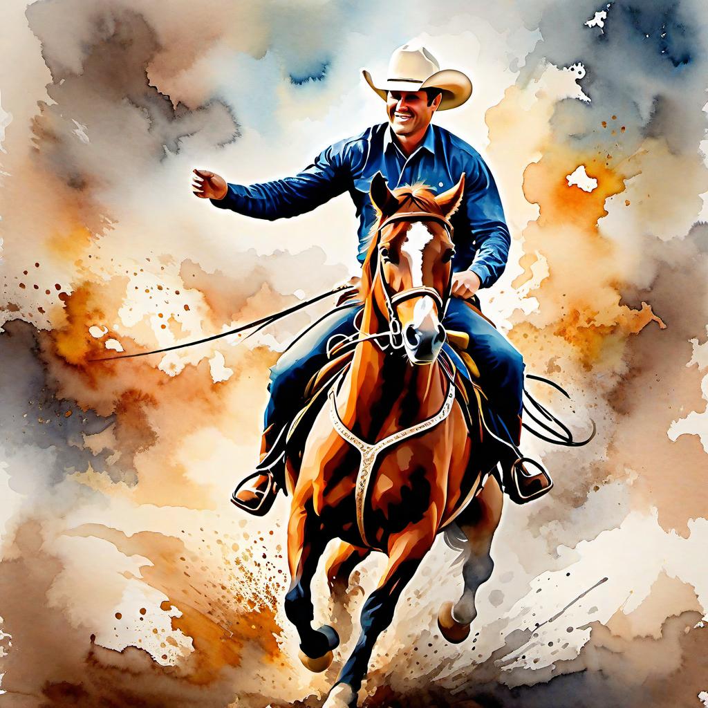  Create a watercolor painting of a man ridding a bucking horse at a rodeo. The background features soft, watercolor style splashes in earthy tones, giving the image an artistic and dreamy feel. Ensure the overall image has a delicate watercolor effect.