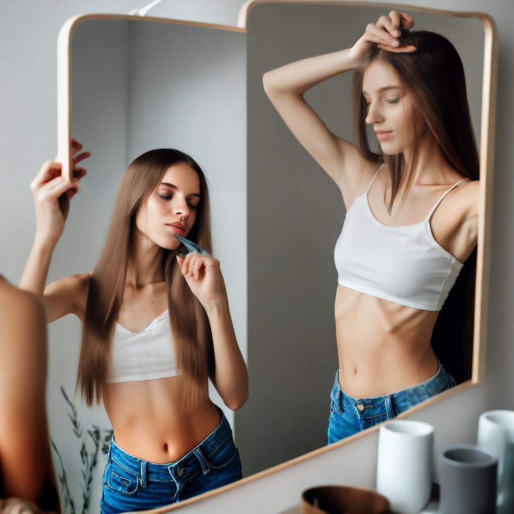  Beautiful skinny woman brushing her hair in front of mirror