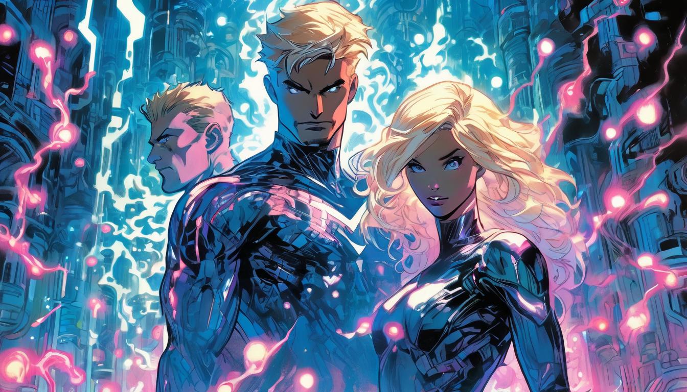  hyperrealism,fantasy aesthetic1man1woman, large busted attractive blonde arian female humanoid and handsome male humanoid, in a maze of glowing orbs, mystical lights, entrancing and radiant, sense of mystery, high tech clothing clad in sleek, futuristic costume with metallic accents and form fitting designs, marvel superhero comics style, unreal engine rendering