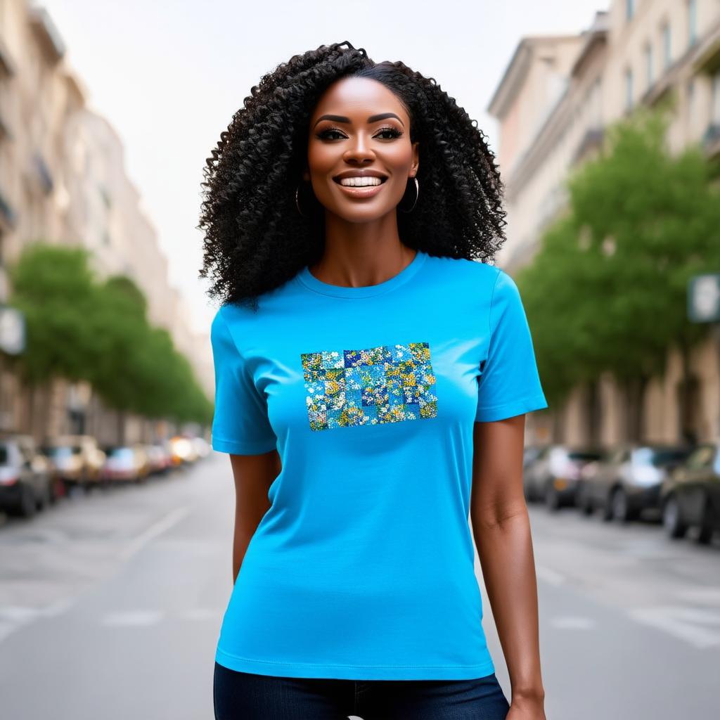  half body portrait black curly happy woman wearing blue t shirt with squared floral pattern on t shirt, Blurred city Background high quality, detailed intricate insanely detailed, flattering light, RAW photo, photography, photorealistic, ultra detailed, depth of field, 8k resolution , detailed background, f1.4, sharpened focus hyperrealistic, full body, detailed clothing, highly detailed, cinematic lighting, stunningly beautiful, intricate, sharp focus, f/1. 8, 85mm, (centered image composition), (professionally color graded), ((bright soft diffused light)), volumetric fog, trending on instagram, trending on tumblr, HDR 4K, 8K