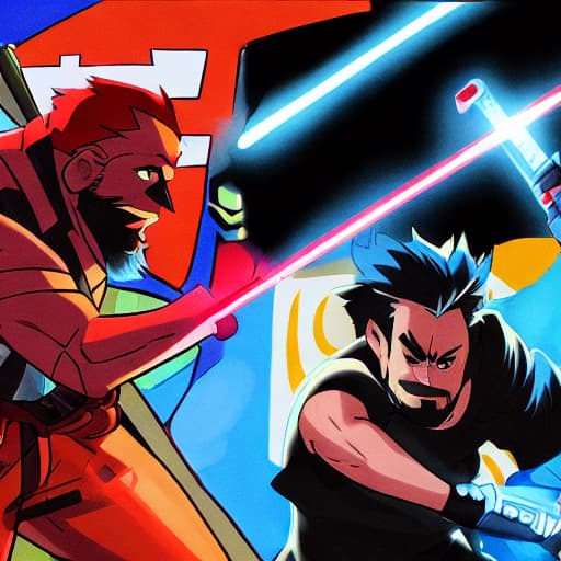  A cartoon style redhead girl holing a blue lightsaber fighting a black haired bearded man with a red double bladed lightsaber