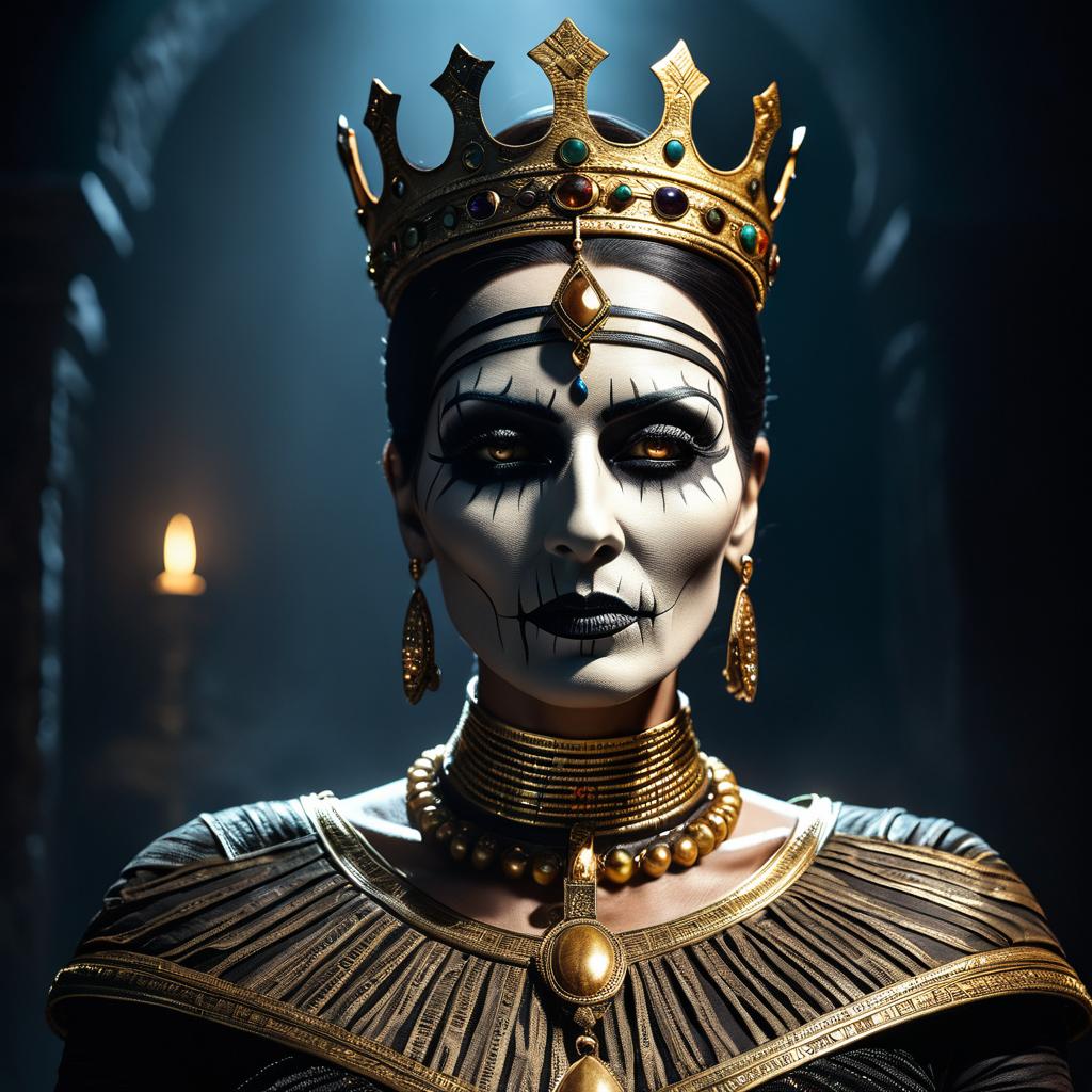  The image features a dead old queen in full attributes, depicted as a mummy. She is wearing a crown and a necklace, with a gold crown on her head and a gold necklace around her neck. The mummy's face is skeletal, and she appears to be wearing a gold and black dress. The scene is set in a dark environment, with a black background and a few lights illuminating the mummy. The overall atmosphere of the image is eerie and mysterious, as it captures the essence of a long deceased queen preserved in her tomb. (controlnet mode:canny juggernautXL v5, sdxl 1.0.0.9. safetensors, SeargeSDXL4.2 Llama2 prompt) hyperrealistic, full body, detailed clothing, highly detailed, cinematic lighting, stunningly beautiful, intricate, sharp focus, f/1. 8, 85mm, (centered image composition), (professionally color graded), ((bright soft diffused light)), volumetric fog, trending on instagram, trending on tumblr, HDR 4K, 8K