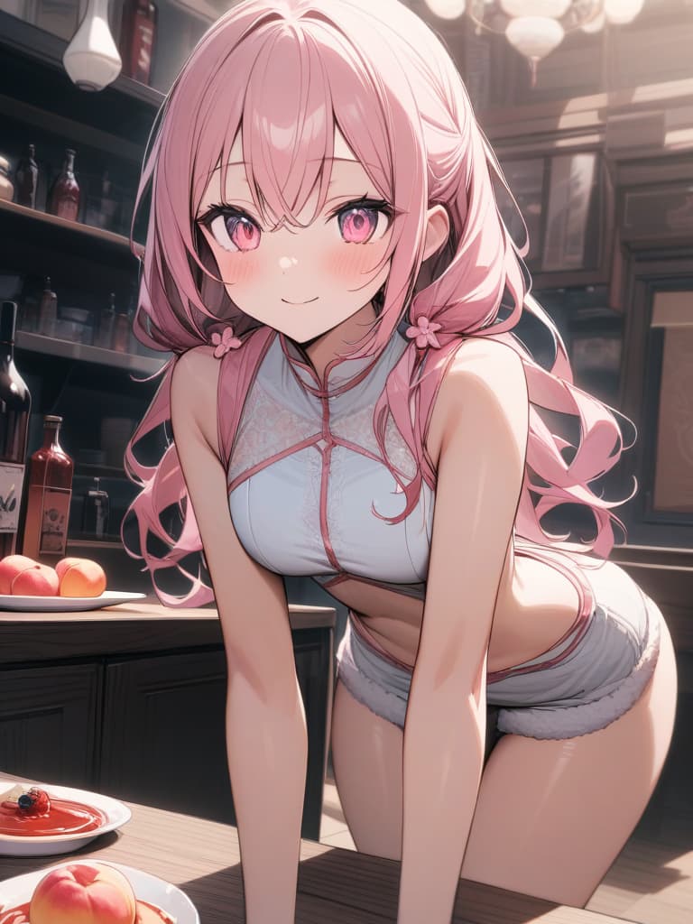  Cute, , thin body, fluffy hair, fluffy long hair, twin tails, pink hair color, pink eyes, pink eyes, sauce, peach decoration, peach, smiling, , stomach, , bend forward, masterpiece, best quality,8k,ultra detailed,high resolution,an extremely delicate and beautiful,hyper detail