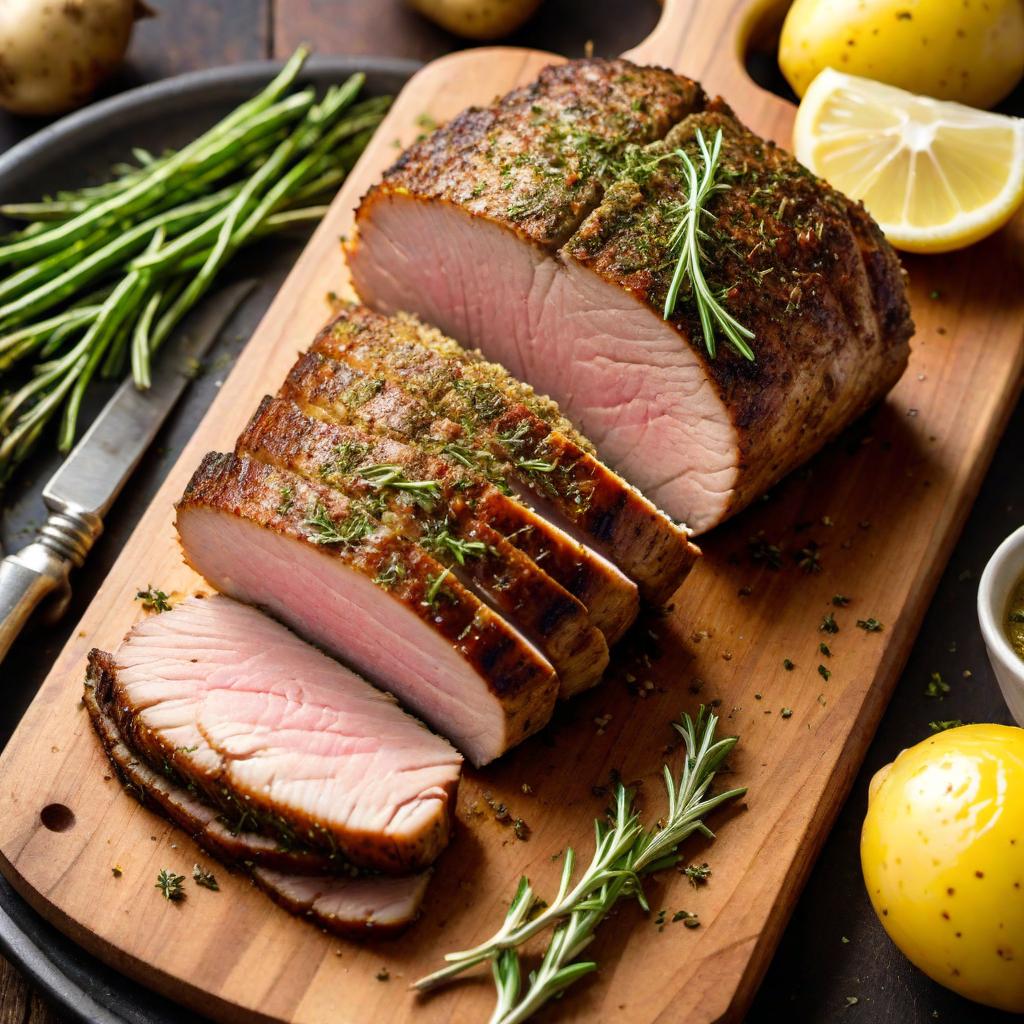  A beautifully roasted herb-crusted pork loin sliced on a cutting board. The pork is golden brown with a well-seasoned crust of minced garlic, dried rosemary, thyme, oregano, and lemon zest. The slices reveal a juicy interior. The dish is surrounded by a rich pan sauce made with chicken broth or white wine, and it's served with roasted vegetables and mashed potatoes on a rustic wooden table. The scene is warm and inviting, perfect for a family meal. hyperrealistic, full body, detailed clothing, highly detailed, cinematic lighting, stunningly beautiful, intricate, sharp focus, f/1. 8, 85mm, (centered image composition), (professionally color graded), ((bright soft diffused light)), volumetric fog, trending on instagram, trending on tumblr, HDR 4K, 8K