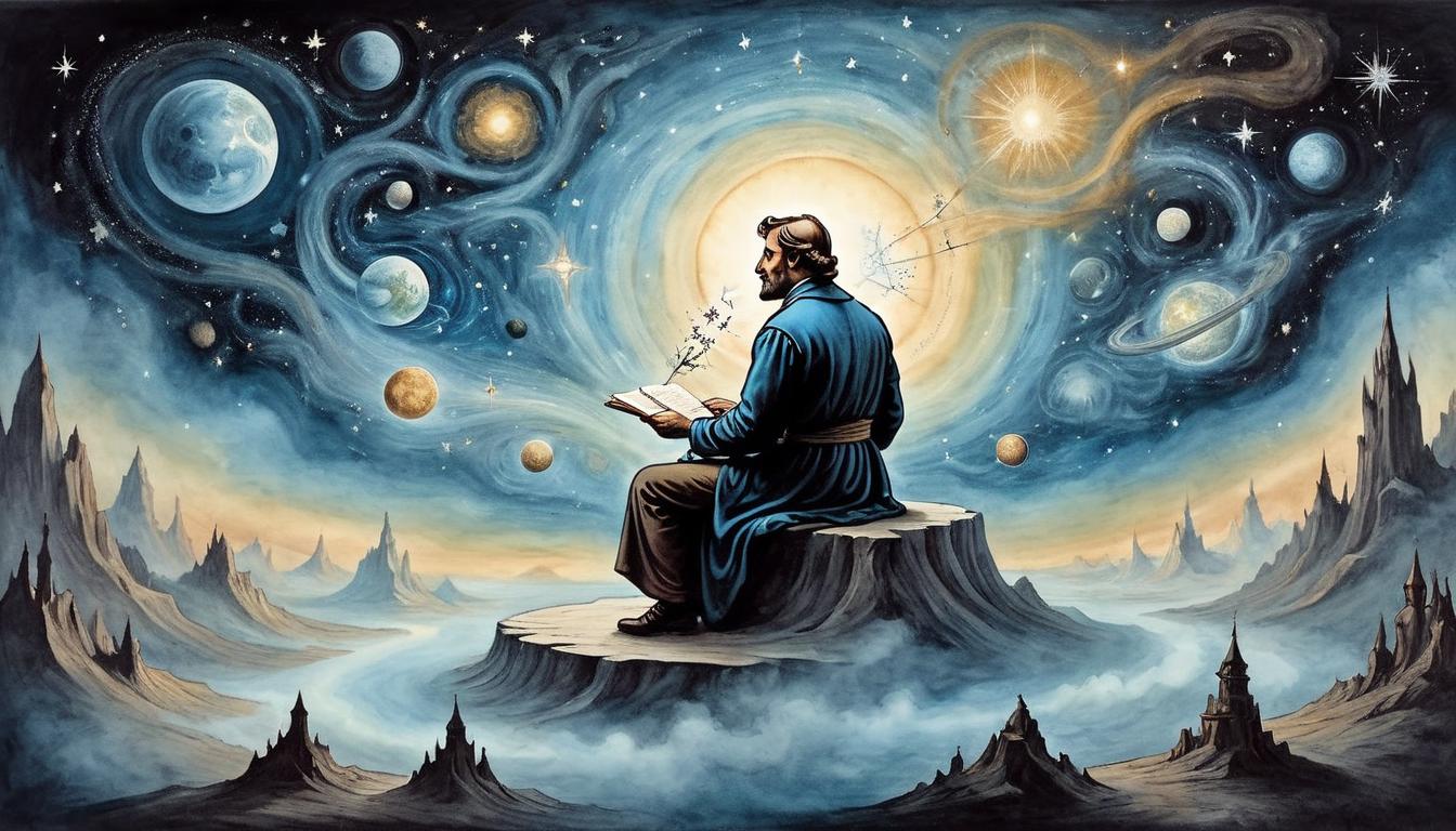  on parchment, surrealism+++, A thinker surrounded by a cosmic aura, stars swirling around, misunderstood, introspective(mysterious, provocative, symbolic,muted color)+++