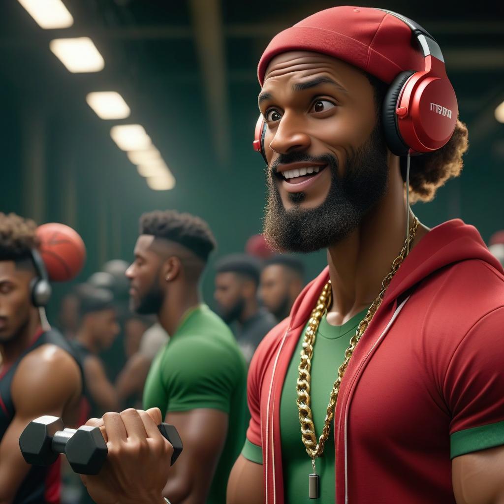  cinematic film still The gym is decorated in the style of a platform for rap battle. handsome sporty funny smiling man, curly, lifts dumbbells, in the gym, in a red basketball player's jersey with the number 10, wide green knee length shorts, beautiful photo, beautiful light, movement around, rap battle atmosphere, green smoke, a lot of large chains around the neck, with a cap on his head, headphones in the ears . shallow depth of field, vignette, highly detailed, high budget, bokeh, cinemascope, moody, epic, gorgeous, film grain, grainy hyperrealistic, full body, detailed clothing, highly detailed, cinematic lighting, stunningly beautiful, intricate, sharp focus, f/1. 8, 85mm, (centered image composition), (professionally color graded), ((bright soft diffused light)), volumetric fog, trending on instagram, trending on tumblr, HDR 4K, 8K