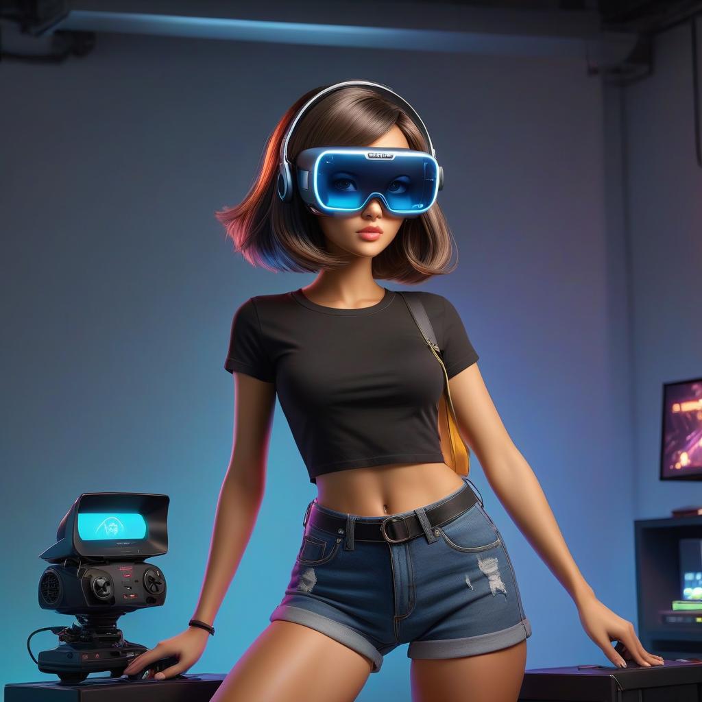  Girl, her hair is dark, her hairstyle is a bob cut, wearing a black top and denim shorts in VR glasses, holding a game console joystick, looking straight ahead with fluorescent lighting. hyperrealistic, full body, detailed clothing, highly detailed, cinematic lighting, stunningly beautiful, intricate, sharp focus, f/1. 8, 85mm, (centered image composition), (professionally color graded), ((bright soft diffused light)), volumetric fog, trending on instagram, trending on tumblr, HDR 4K, 8K