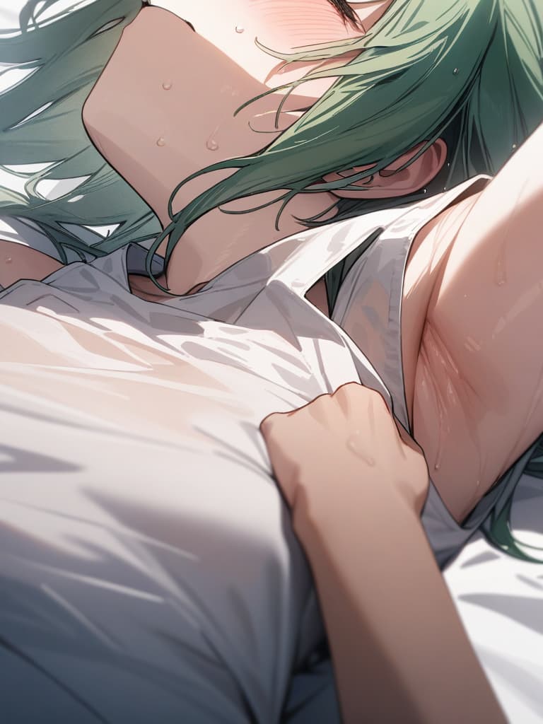  Green hair short hair girls sweaty white tank top, being pushed down by white sheets, the white tank top is transparent and the skin looks transparent, shouting., masterpiece, best quality,8k,ultra detailed,high resolution,an extremely delicate and beautiful,hyper detail