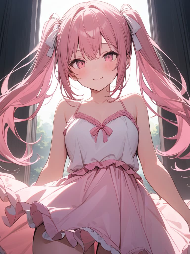  Cute, , big eyes, thin body, exposure, smiles, big s, long hair, peach, pink frill dress, exposure, pink eyes, pink hair color, , twin tails, ribbon, fluffy hair, camisole, masterpiece, best quality,8k,ultra detailed,high resolution,an extremely delicate and beautiful,hyper detail