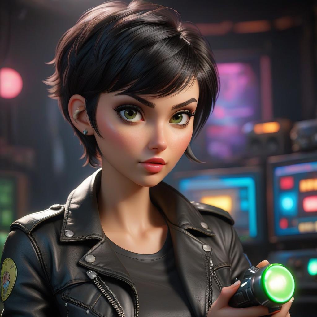  A girl, with dark hair, a pixie cut, wearing a black top and denim shorts, in a black leather jacket, holds a joystick, looking straight ahead, with flourescent lighting. hyperrealistic, full body, detailed clothing, highly detailed, cinematic lighting, stunningly beautiful, intricate, sharp focus, f/1. 8, 85mm, (centered image composition), (professionally color graded), ((bright soft diffused light)), volumetric fog, trending on instagram, trending on tumblr, HDR 4K, 8K