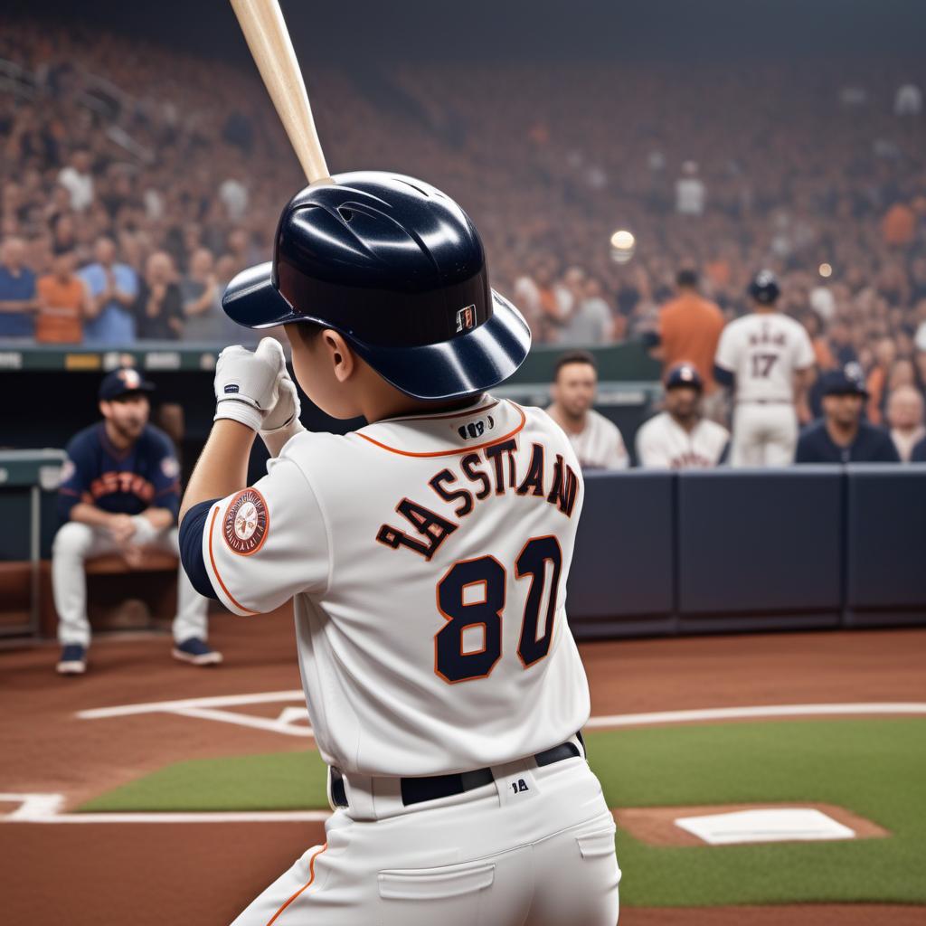  A 4-year-old boy in a Houston Astros uniform, viewed from the back, swinging a bat in the batter's box during a World Series game. The boy has the name 'Sebastian' on the back of his jersey and the number 7. The stadium is filled with cheering fans, and the field is pristine. The boy's bat is in mid-swing, connecting with the baseball. The atmosphere is electric, with bright stadium lights and a clear evening sky. hyperrealistic, full body, detailed clothing, highly detailed, cinematic lighting, stunningly beautiful, intricate, sharp focus, f/1. 8, 85mm, (centered image composition), (professionally color graded), ((bright soft diffused light)), volumetric fog, trending on instagram, trending on tumblr, HDR 4K, 8K