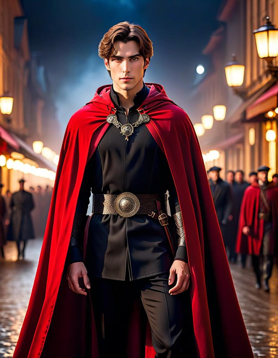  cinematic photo A tall man with brown hair and dark eyes. He's wearing a red cloak with a belt at the waist. A black chestplate of iron plates. He has black trousers. . 35mm photograph, film, bokeh, professional, 4k, highly detailed hyperrealistic, full body, detailed clothing, highly detailed, cinematic lighting, stunningly beautiful, intricate, sharp focus, f/1. 8, 85mm, (centered image composition), (professionally color graded), ((bright soft diffused light)), volumetric fog, trending on instagram, trending on tumblr, HDR 4K, 8K