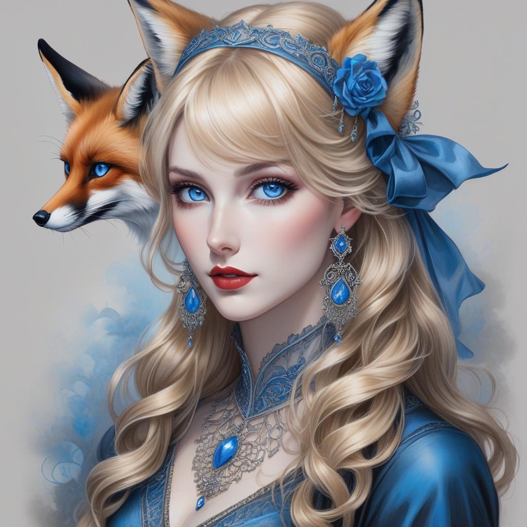  gothic style A portrait of a young woman with wavy hair and blue eyes, wearing a blue headband and earrings, with a red fox beside her. A pencil and charcoal drawing portrait of a beautiful , with big blue sparkling eyes, slight smile, fanciful clothes, messy blond hairstyle, holding a fox in his arms with intricate details and precisely drawn drawing . dark, mysterious, haunting, dramatic, ornate, detailed hyperrealistic, full body, detailed clothing, highly detailed, cinematic lighting, stunningly beautiful, intricate, sharp focus, f/1. 8, 85mm, (centered image composition), (professionally color graded), ((bright soft diffused light)), volumetric fog, trending on instagram, trending on tumblr, HDR 4K, 8K