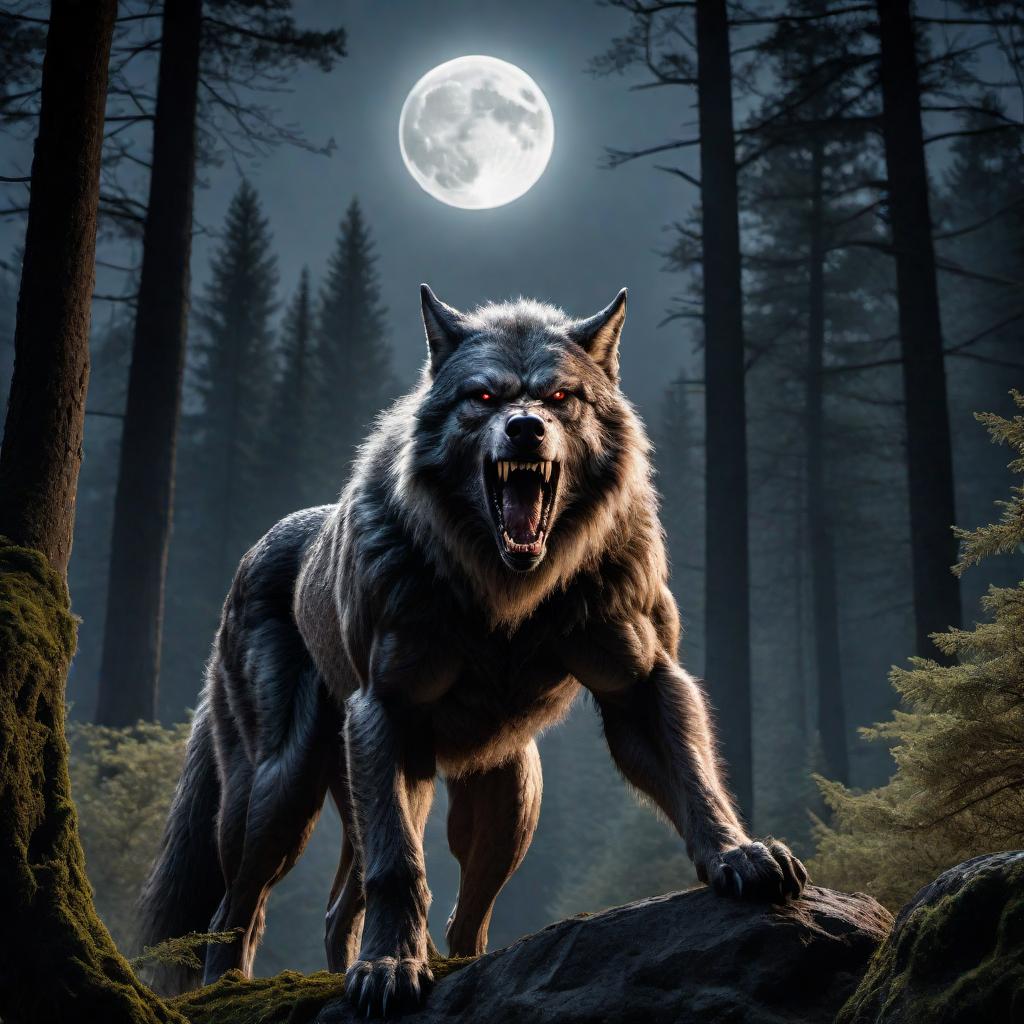  a large hairy muscular werewolf with large fangs howling at the moon. Other wolves are watching from a distance. The light from the moon is illuminating them all in a dark and eerie forest setting. hyperrealistic, full body, detailed clothing, highly detailed, cinematic lighting, stunningly beautiful, intricate, sharp focus, f/1. 8, 85mm, (centered image composition), (professionally color graded), ((bright soft diffused light)), volumetric fog, trending on instagram, trending on tumblr, HDR 4K, 8K