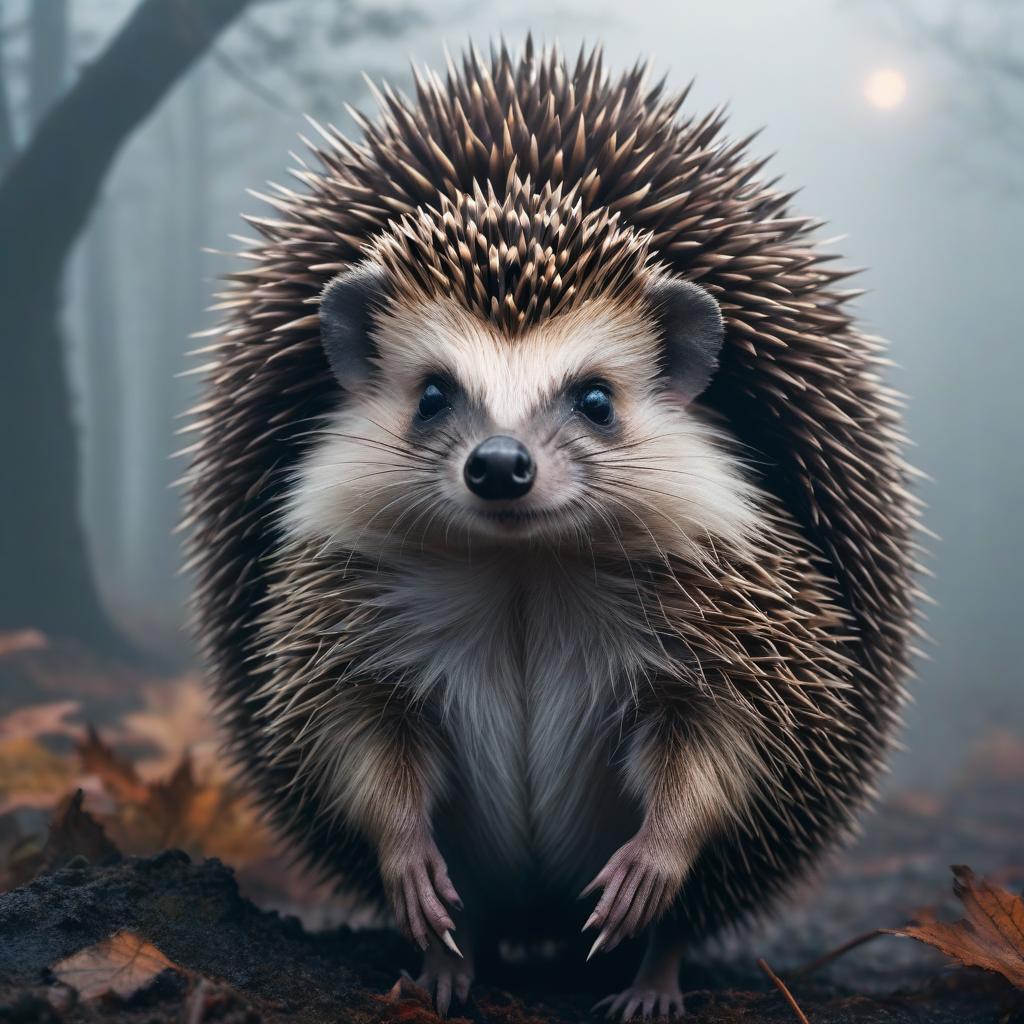  Stim punk, hedgehog in the fog, looking for a bear c hyperrealistic, full body, detailed clothing, highly detailed, cinematic lighting, stunningly beautiful, intricate, sharp focus, f/1. 8, 85mm, (centered image composition), (professionally color graded), ((bright soft diffused light)), volumetric fog, trending on instagram, trending on tumblr, HDR 4K, 8K