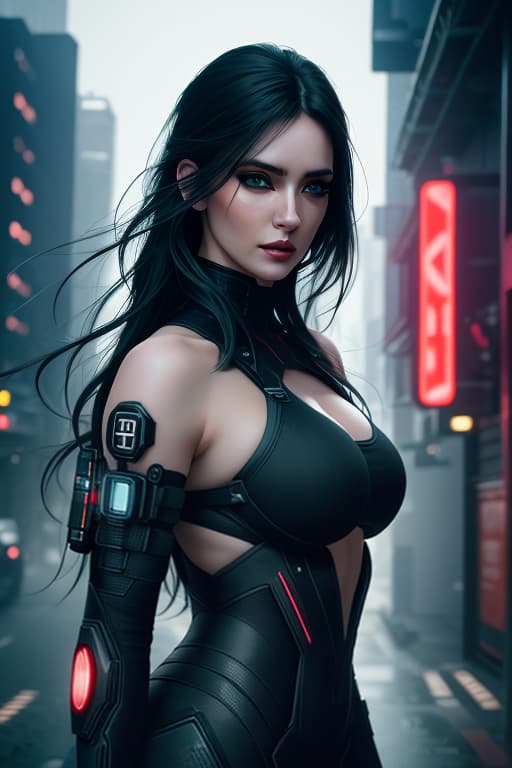  ultra realistic portrait ((beautiful pale cyberpunk female with heavy black eyeliner)), blue eyes, shaved side haircut, long wavy hair, huge boobs, hyper detail, cinematic lighting, magic neon, dark red city, Canon EOS R3, nikon, f/1.4, ISO 200, 1/160s, 8K, RAW, unedited, symmetrical balance, in frame, 8K hyperrealistic, full body, detailed clothing, highly detailed, cinematic lighting, stunningly beautiful, intricate, sharp focus, f/1. 8, 85mm, (centered image composition), (professionally color graded), ((bright soft diffused light)), volumetric fog, trending on instagram, trending on tumblr, HDR 4K, 8K
