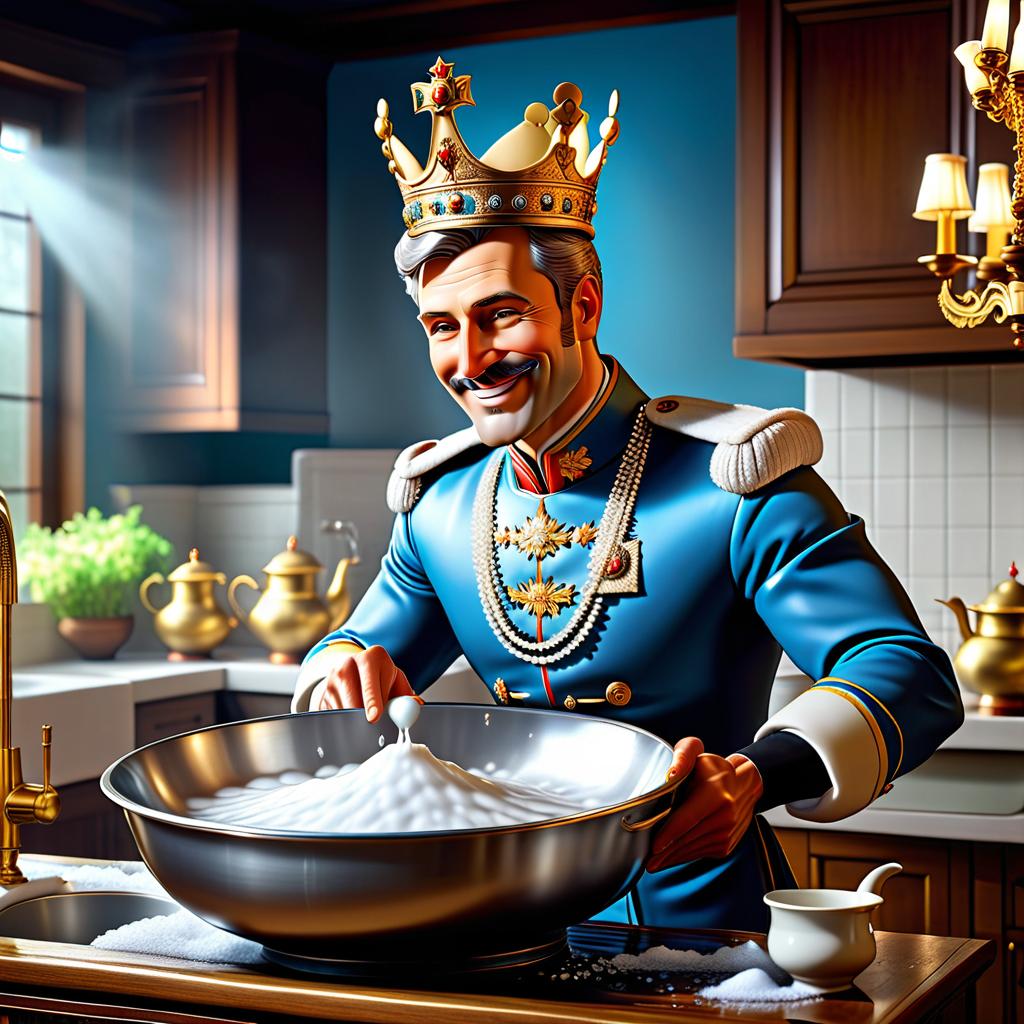  The tsar is washing dishes in a basin, smiling from happiness, washing the dishes, a crown on his head. hyperrealistic, full body, detailed clothing, highly detailed, cinematic lighting, stunningly beautiful, intricate, sharp focus, f/1. 8, 85mm, (centered image composition), (professionally color graded), ((bright soft diffused light)), volumetric fog, trending on instagram, trending on tumblr, HDR 4K, 8K