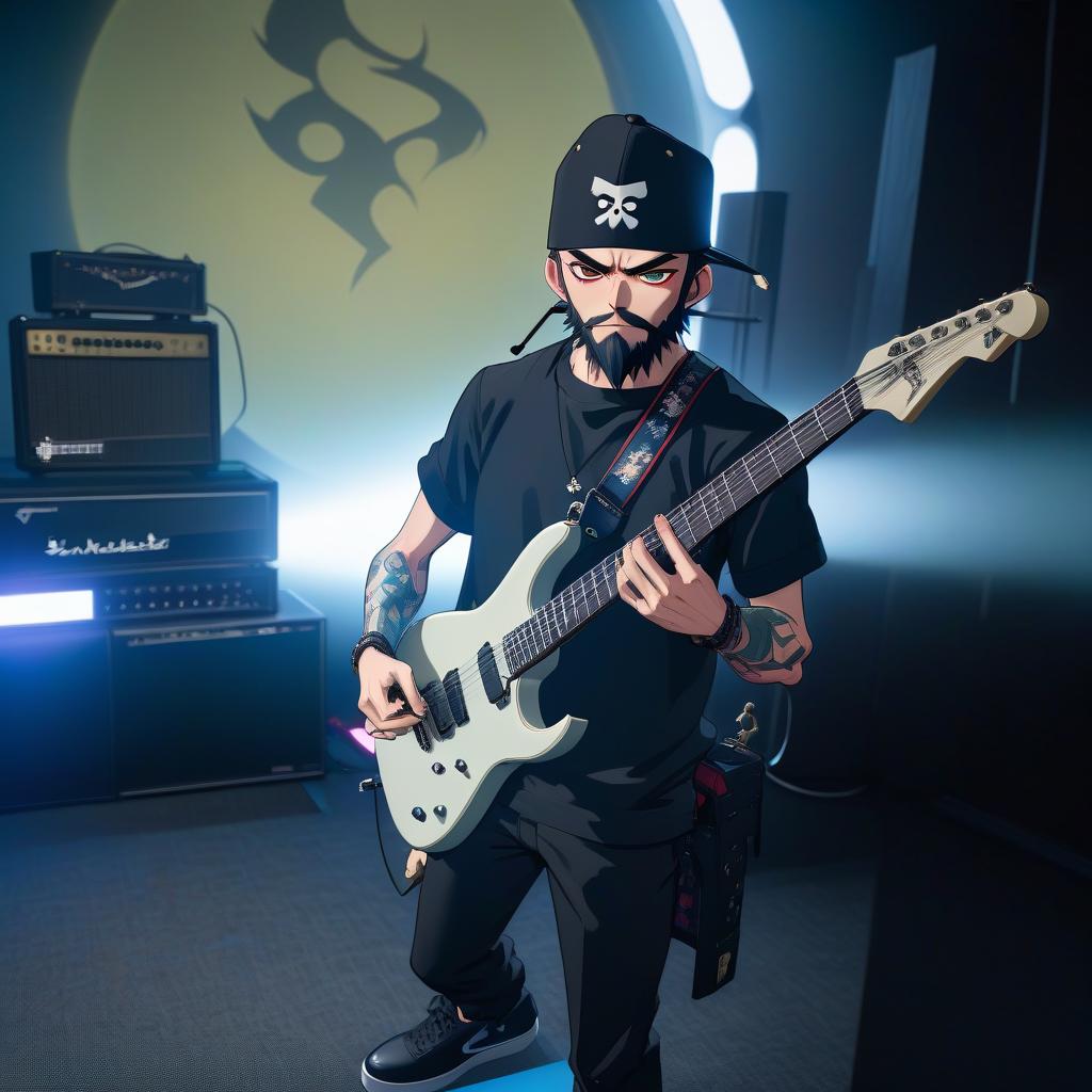  anime artwork Character, front, side views, full length with legs and all parts, concept art, a man with a beard playing a guitar, schecter km 6 guitar, head with hat, black sneakers on feet, tesseract, clayton crain, holding electric guitar, tattoed left hand, scenic full shot, a picture, by Kamisaka Sekka, pixiv contest winner, shin hanga, gorillaz album cover, detail shot, magazine scan, urusei yatsura, 2d, anime, extremely hyper detailed clothing, modest clothes, (extremely hyper detailed face), (masterpiece:1.4), (perfect eyes:1.1), (deep eyes), 32K HD, rough, intense look . anime style, key visual, vibrant, studio anime, highly detailed hyperrealistic, full body, detailed clothing, highly detailed, cinematic lighting, stunningly beautiful, intricate, sharp focus, f/1. 8, 85mm, (centered image composition), (professionally color graded), ((bright soft diffused light)), volumetric fog, trending on instagram, trending on tumblr, HDR 4K, 8K