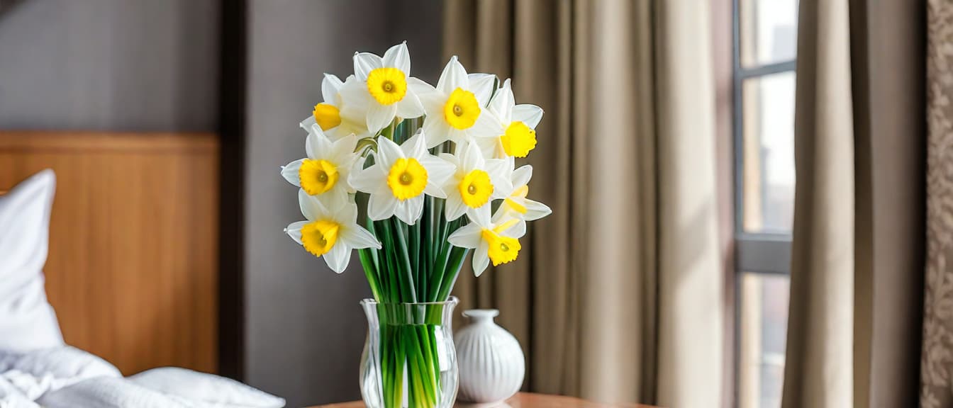  best quality, HD, bouquet of white yellow daffodils in a small vase, hotel room background with copy space