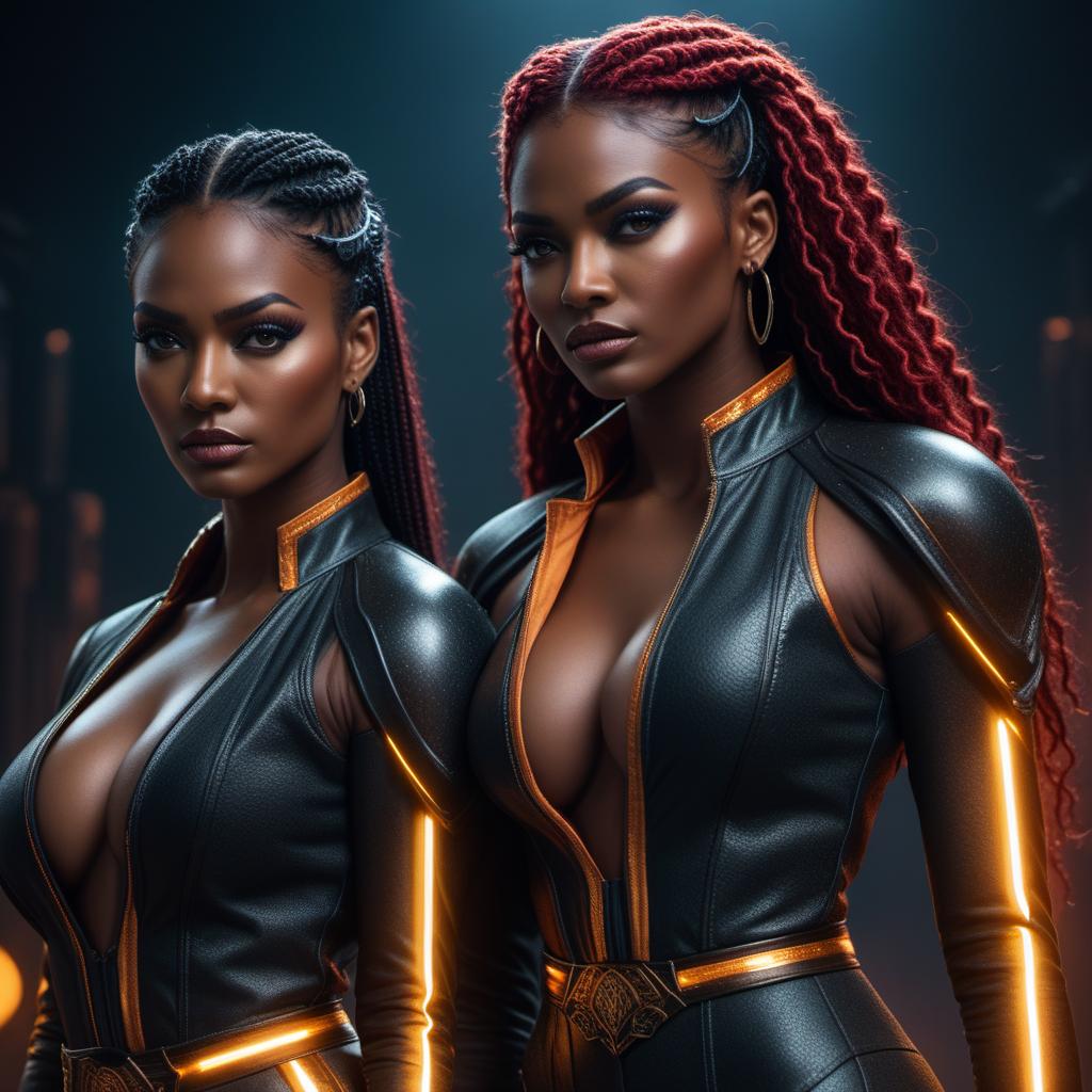  Angry black female twins in lofi fantasy style, Gemini zodiac, intense expressions, dark moody background, vibrant colors, celestial elements, intricate details. hyperrealistic, full body, detailed clothing, highly detailed, cinematic lighting, stunningly beautiful, intricate, sharp focus, f/1. 8, 85mm, (centered image composition), (professionally color graded), ((bright soft diffused light)), volumetric fog, trending on instagram, trending on tumblr, HDR 4K, 8K