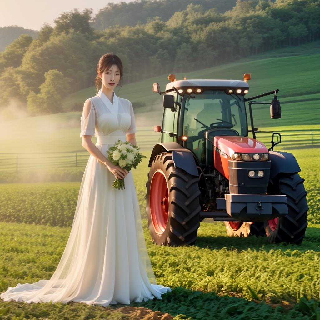  2 korean FARM GIRLS, FARMHOUSE, bulls in Background, Tractor in background, Clean face details hyperrealistic, full body, detailed clothing, highly detailed, cinematic lighting, stunningly beautiful, intricate, sharp focus, f/1. 8, 85mm, (centered image composition), (professionally color graded), ((bright soft diffused light)), volumetric fog, trending on instagram, trending on tumblr, HDR 4K, 8K