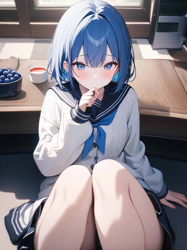  Cute, , blue hair, blue eyes, short bob, thin body, white skin, sauce, , blueberry decoration, cardigan, sailor suit, , upper, masterpiece, best quality,8k,ultra detailed,high resolution,an extremely delicate and beautiful,hyper detail