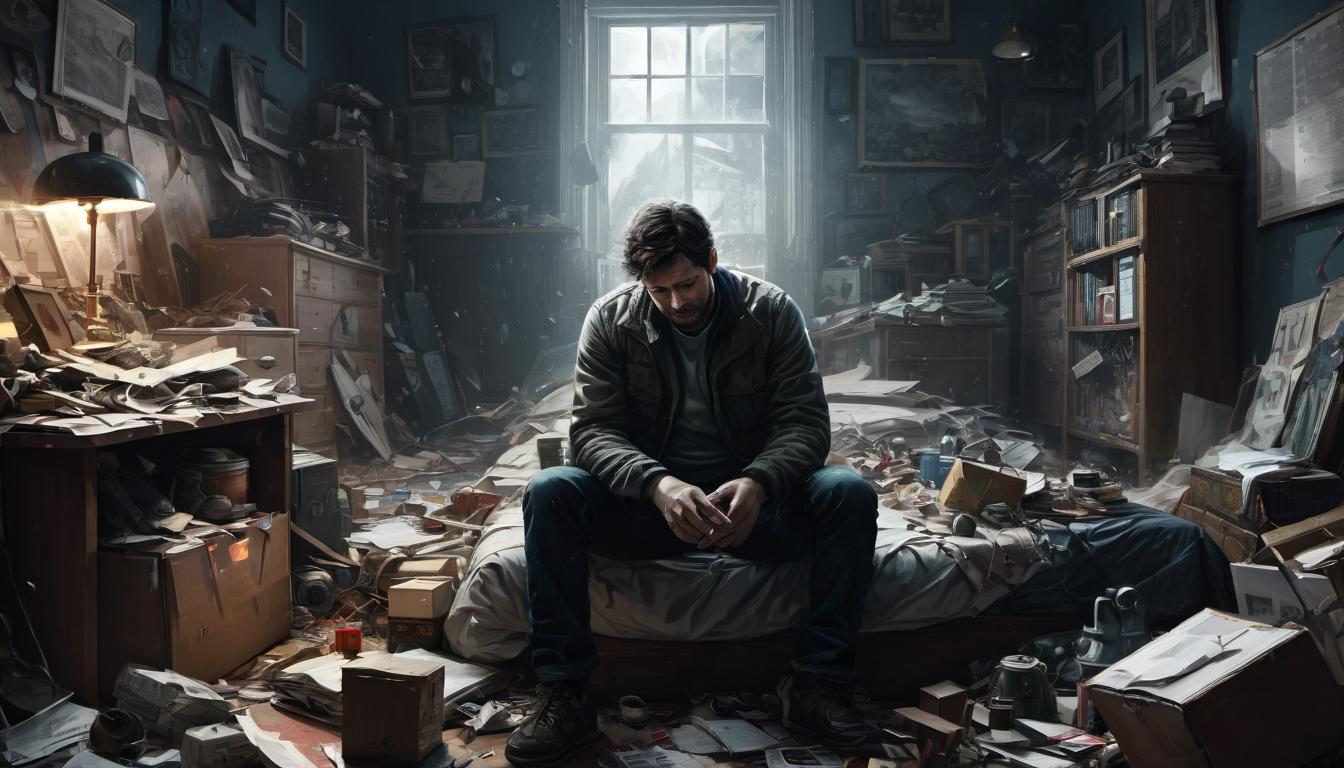  digital illustration, 1man, alone in a cluttered room, head buried in hands, various objects indicating feelings of chaos and overwhelm, dim light, shadowy, representation of inner turmoil, looking at viewer, dynamic pose, (intricate details, masterpiece, best quality)