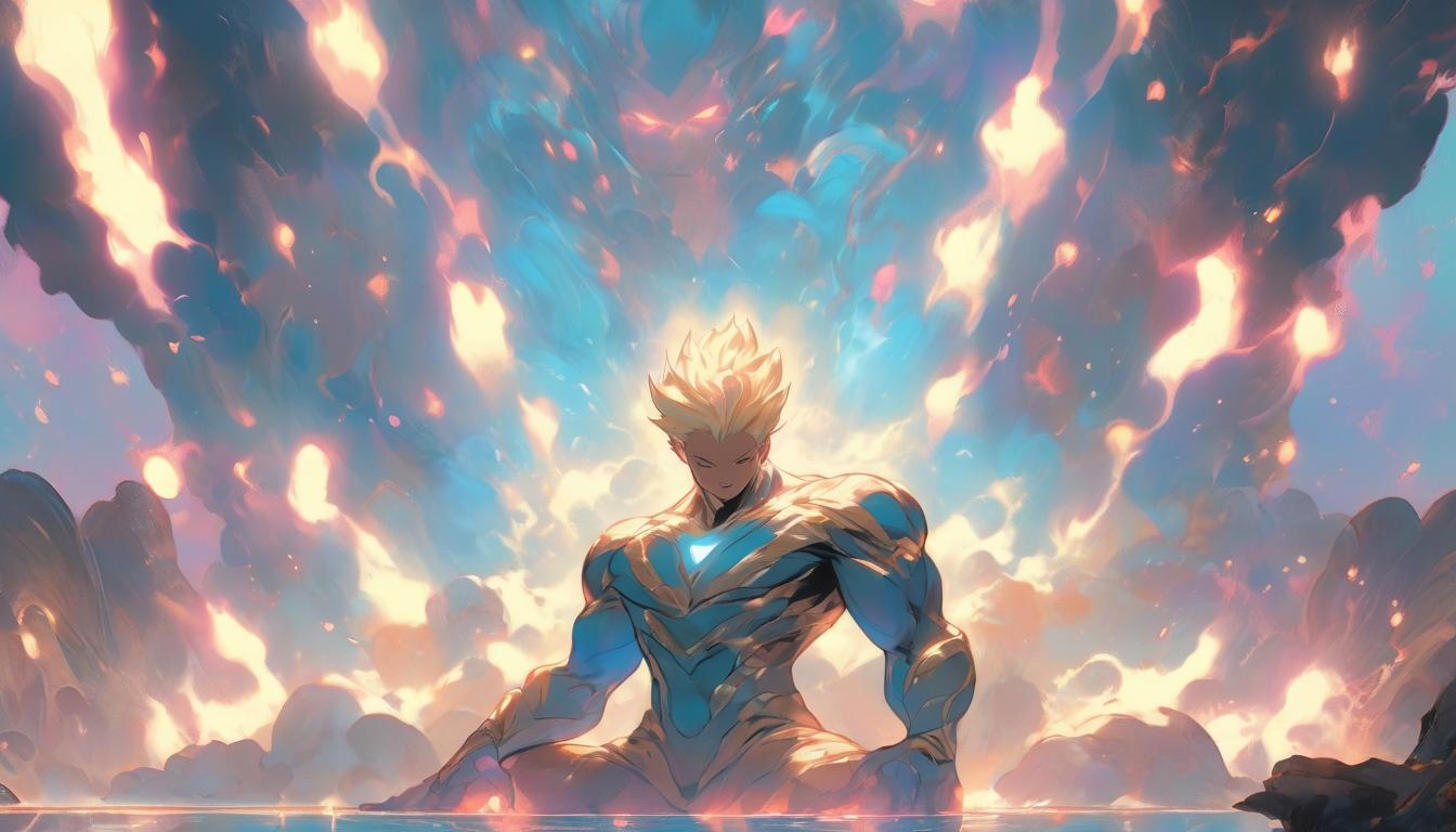  hyperrealism,fantasy aesthetic1man, large busted attractive blonde arian male humanoid, seated in lotus position, surrounded by glowing halos, meditative state, serene expression, ethereal light rays, cosmic harmony, high tech clothing clad in sleek, futuristic costume with metallic accents and form fitting designs, marvel superhero comics style, unreal engine rendering