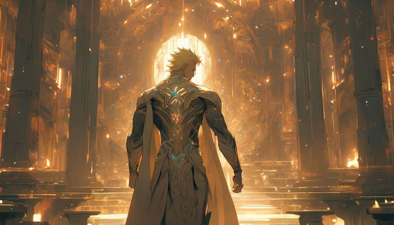  hyperrealism,fantasy aesthetic1man, handsome blonde arian male humanoid, standing in a library of glowing ancient scrolls, profound cosmic symbols on walls, intense focus, high tech clothing clad in sleek, futuristic costume with metallic accents and form fitting designs, marvel superhero comics style, unreal engine rendering