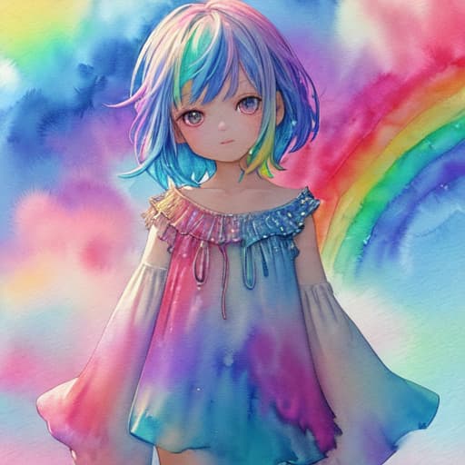  best quality,(masterpiece:1.3),ultra detailed,1girl,Abstract watercolor painting of a little girl,(cowboy shot),scales,rainbow colors :1,colorful hair,blue and pink tone colors,abstract watercolor painting of cartoon clouds with emoji,rainbow colors,Gradien