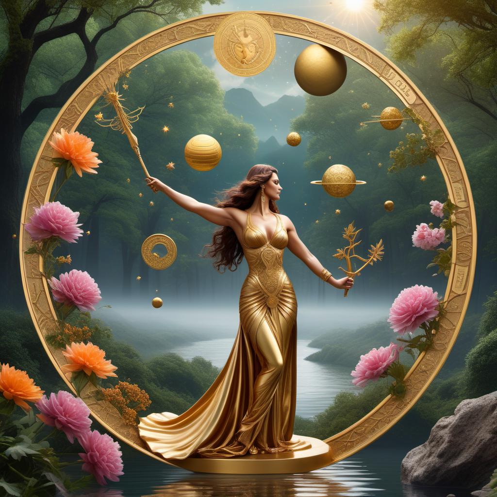  An astrological visualization depicting Scorpio's journey through October 2023. The scene is set with key celestial elements: - The Sun moving from Libra to Scorpio. - A Full Moon in Aries. - Venus in Virgo. In the foreground, a powerful Scorpio figure transforming and shedding old skins, symbolizing personal growth and renewal. This figure stands at the center, between elements symbolizing relationships (hearts, interconnected circles) and career & finances (gold coins, ascending graph). Health and well-being are represented by a balanced scale on one side, and a serene nature scene (trees, flowers) on the other side. Cosmic energy flows around the scene, with planets and stars emphasizing the transformative and intense nature of Sco hyperrealistic, full body, detailed clothing, highly detailed, cinematic lighting, stunningly beautiful, intricate, sharp focus, f/1. 8, 85mm, (centered image composition), (professionally color graded), ((bright soft diffused light)), volumetric fog, trending on instagram, trending on tumblr, HDR 4K, 8K