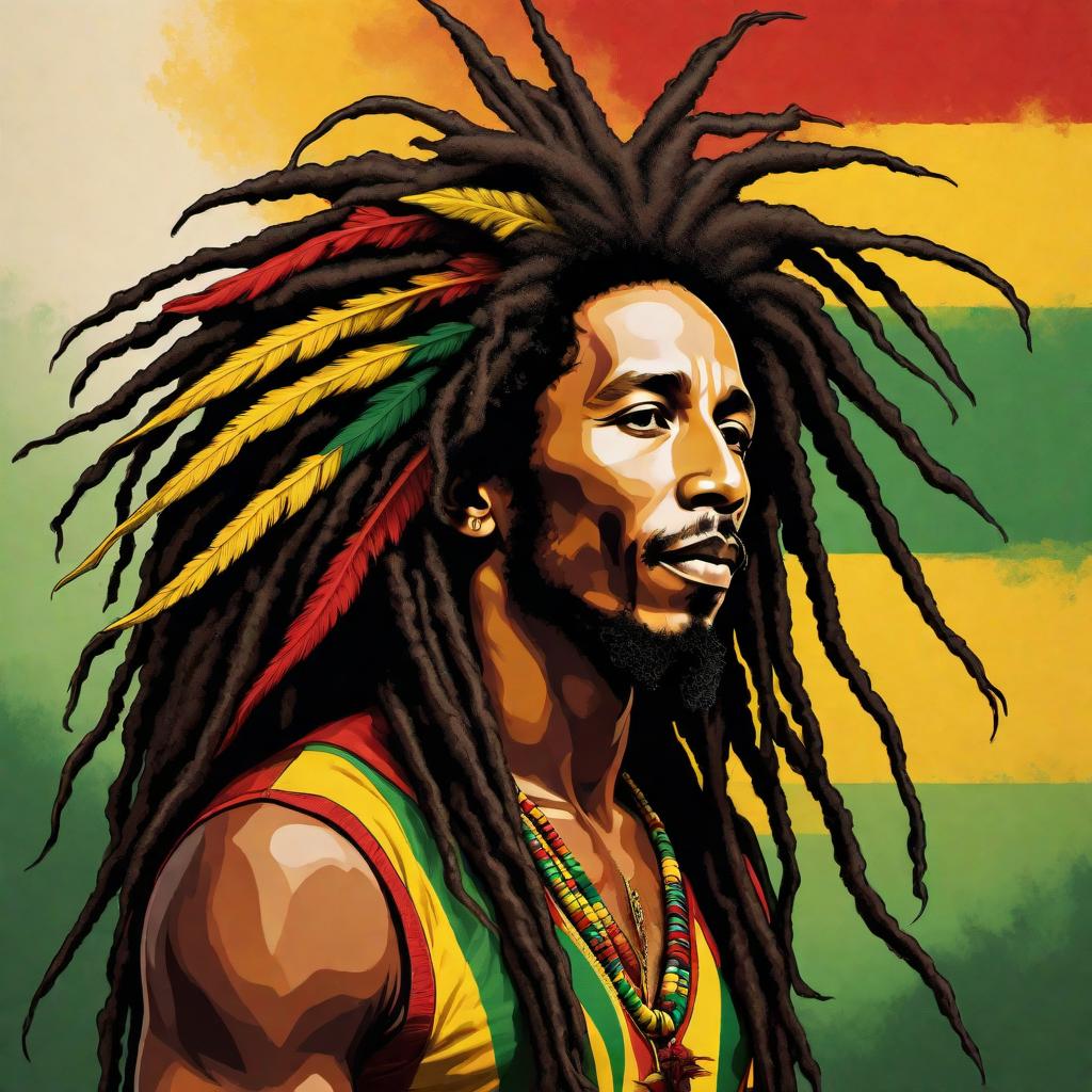  A vibrant, colorful portrait inspired by Bob Marley, capturing his legendary persona. The image should showcase his iconic dreadlocks, soulful eyes, and peaceful yet powerful presence. Incorporate elements of reggae culture such as musical notes, Rastafarian symbols, and a warm color palette featuring greens, yellows, reds, and golds. The background should be a mix of abstract shapes and patterns that evoke a sense of musical rhythm and freedom. hyperrealistic, full body, detailed clothing, highly detailed, cinematic lighting, stunningly beautiful, intricate, sharp focus, f/1. 8, 85mm, (centered image composition), (professionally color graded), ((bright soft diffused light)), volumetric fog, trending on instagram, trending on tumblr, HDR 4K, 8K