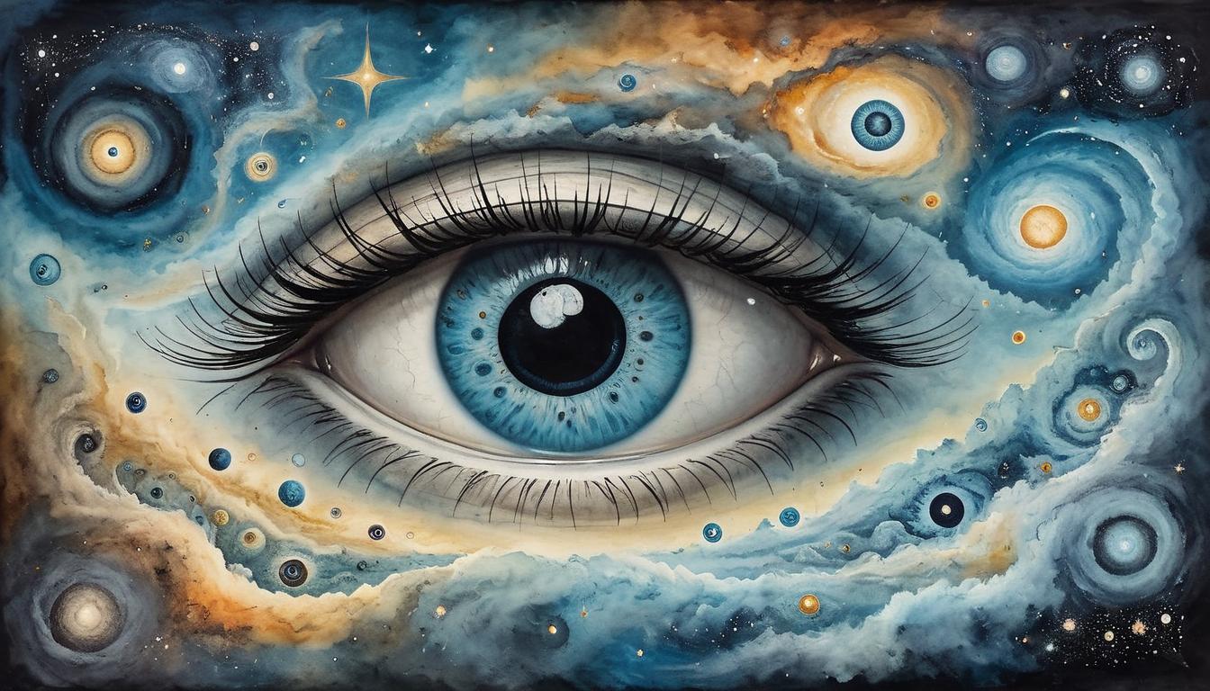  on parchment, surrealism+++, Eyes overlayed on a cosmic backdrop, layers of swirling galaxies, insight and omniscience, visionary, transcendant understanding(mysterious, provocative, symbolic,muted color)+++