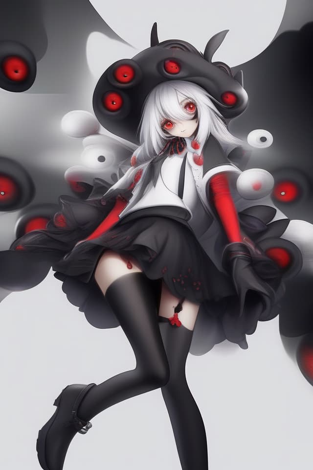  Fashionable, black and white gray background, red eyes with red eyes