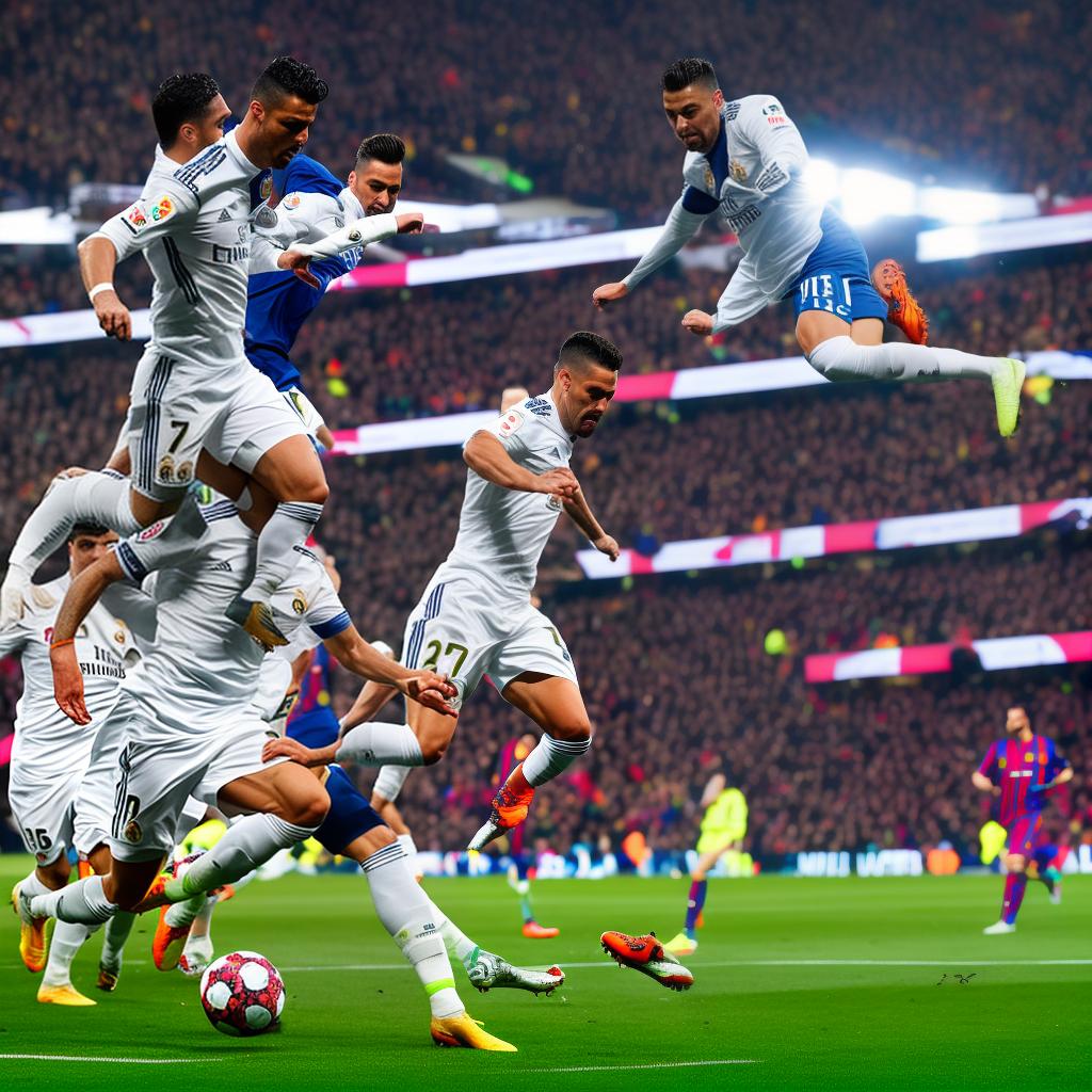  Critiano Ronaldo's goal highlight wearing Real Madrid 7 jersey in Camp Nou stadium against Barcelona hyperrealistic, full body, detailed clothing, highly detailed, cinematic lighting, stunningly beautiful, intricate, sharp focus, f/1. 8, 85mm, (centered image composition), (professionally color graded), ((bright soft diffused light)), volumetric fog, trending on instagram, trending on tumblr, HDR 4K, 8K