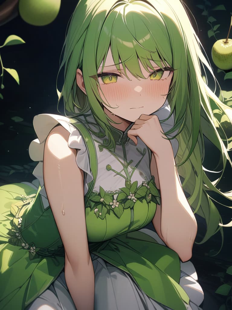  Cute, girl, yellow green eyes, yellow green hair color, kiwi decoration, kiwi fruit, vine, shy face, green frill dress, half twin, sweat, masterpiece, best quality,8k,ultra detailed,high resolution,an extremely delicate and beautiful,hyper detail