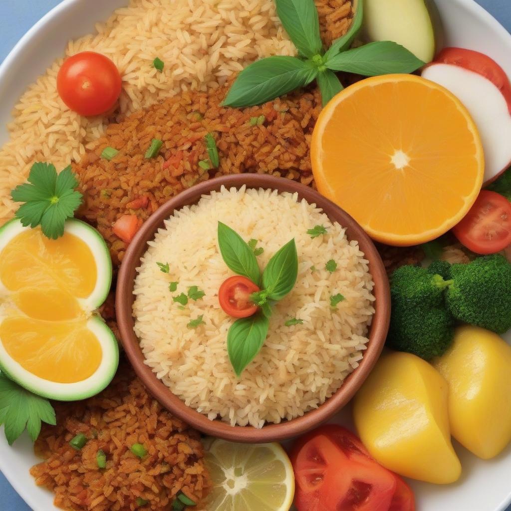  A large dish with fragrant pilaf, appetizing, colorfully, drawing in the style of loft style