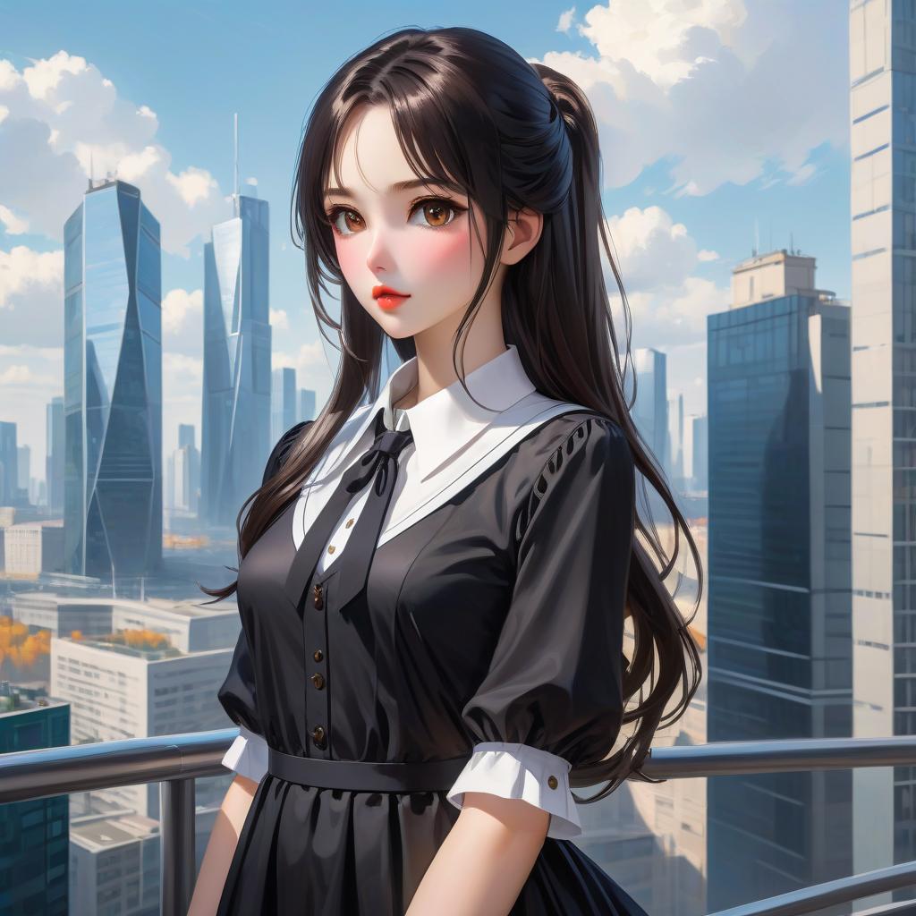  anime artwork beautiful , , white skinned, European, brown eyes, long brown straight hair, slender figure, small neat s, dressed in a black dress with a white collar and white cuffs, full length, against the backdrop of a modern city. Skyscrs of Moscow City (photorealism, oil painting: 1.3), (full length shot: 1.3), charming , long flowing black hair, (large sensual mouth: 1.2), plump lips, sparkling brown eyes , narrow waist, (sensual drawing: 1.2), silvery glow, ethereal aura, detailed brushwork, intricate shadows and highlights, mysterious and captivating expression, unique color palette, masterful use of light and shadow, captivating atmosphere, pure emotion, intense gaze, dynamic composition. small  hyperrealistic, full body, detailed clothing, highly detailed, cinematic lighting, stunningly beautiful, intricate, sharp focus, f/1. 8, 85mm, (centered image composition), (professionally color graded), ((bright soft diffused light)), volumetric fog, trending on instagram, trending on tumblr, HDR 4K, 8K