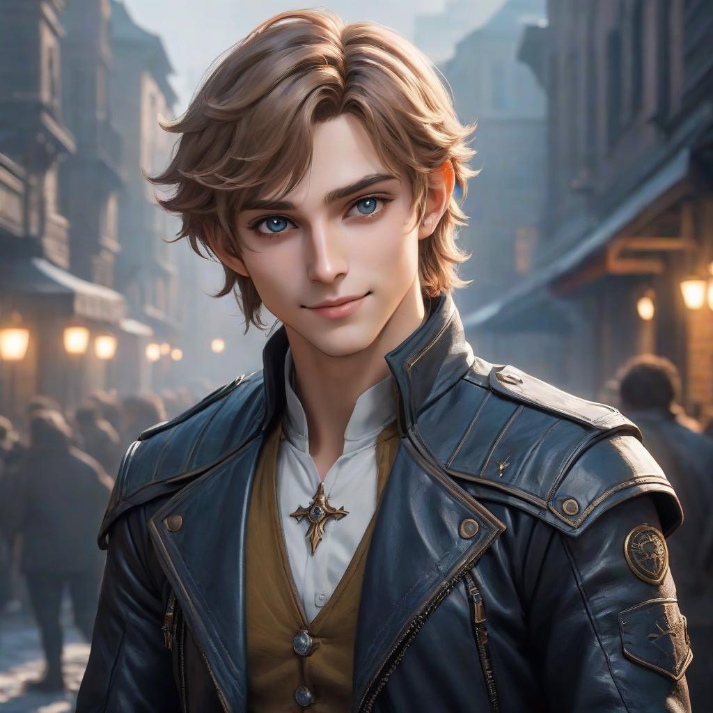  The guy is an elf with light brown hair. The hair is short, slightly curly. The eyes are a bright deep dark blue color. The face is round. He's smiling. His eyes are slyly narrowed. He is confident in himself. He's wearing a black leather jacket. He is a mercenary, a rogue and an adept of Darkness hyperrealistic, full body, detailed clothing, highly detailed, cinematic lighting, stunningly beautiful, intricate, sharp focus, f/1. 8, 85mm, (centered image composition), (professionally color graded), ((bright soft diffused light)), volumetric fog, trending on instagram, trending on tumblr, HDR 4K, 8K