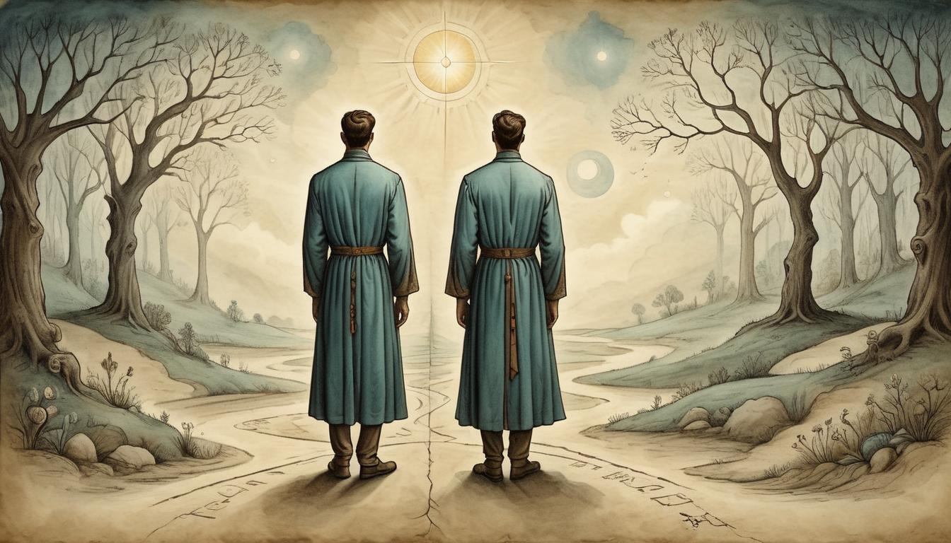  on parchment, surrealism+++, Identical twins standing side by side, surrounded by diverging paths of light symbolizing different lifestyles and environments, contemplative mood, literal progression, illuminated(mysterious, provocative, symbolic,muted color)+++