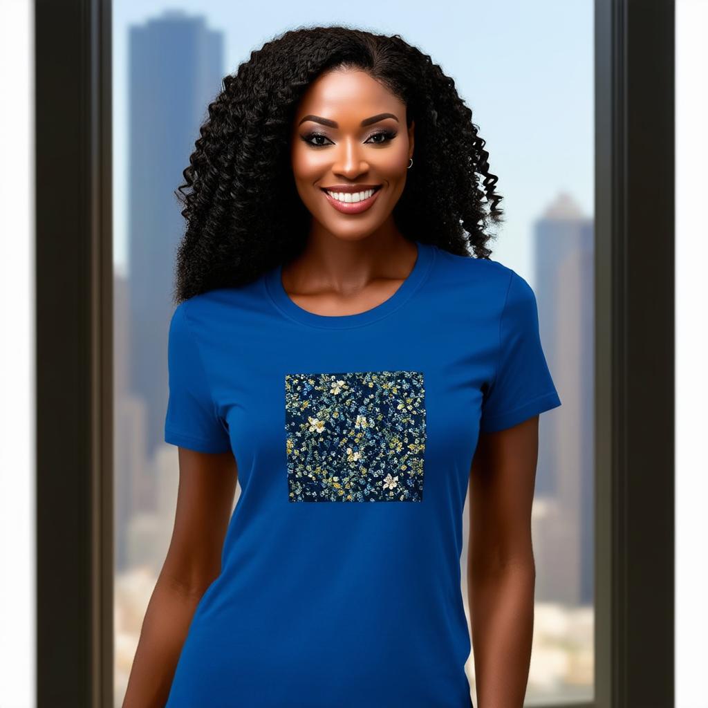  half body portrait black curly happy woman wearing blue t shirt with squared floral pattern on t shirt, Blurred city Background high quality, detailed intricate insanely detailed, flattering light, RAW photo, photography, photorealistic, ultra detailed, depth of field, 8k resolution , detailed background, f1.4, sharpened focus hyperrealistic, full body, detailed clothing, highly detailed, cinematic lighting, stunningly beautiful, intricate, sharp focus, f/1. 8, 85mm, (centered image composition), (professionally color graded), ((bright soft diffused light)), volumetric fog, trending on instagram, trending on tumblr, HDR 4K, 8K