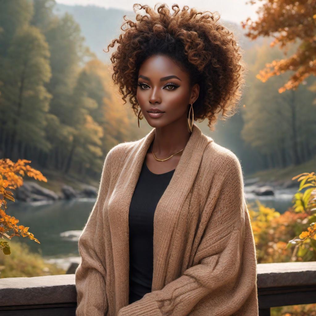  A character sketch of a lofi Capricorn female with black skin. She has a mane of curly hair cascading down her shoulders, deep expressive eyes, and delicate goat horns peeking from her hair. She wears elegant, earthy-toned clothing like oversized sweaters, cozy scarves, and well-fitted pants. Her style blends comfort with sophistication, featuring nature-inspired elements and minimal makeup that highlights her natural beauty. The background captures a modern setting with soft, ambient music, cafes, parks, and art galleries, reflecting her tranquil yet ambitious nature. She embodies calmness, reliability, and quiet determination with a serene demeanor and warm-hearted personality. hyperrealistic, full body, detailed clothing, highly detailed, cinematic lighting, stunningly beautiful, intricate, sharp focus, f/1. 8, 85mm, (centered image composition), (professionally color graded), ((bright soft diffused light)), volumetric fog, trending on instagram, trending on tumblr, HDR 4K, 8K