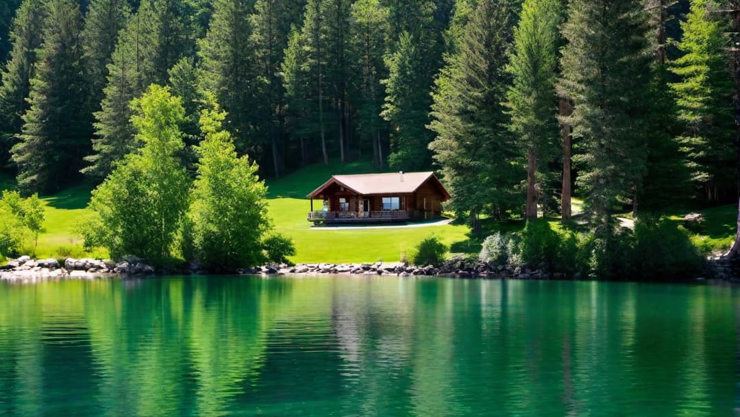  Picturesque Log Cabin Beside a Tranquil Lake, This image must feature the exterior of a log cabin. zoom out to see the full home. make the image sharp and crisp. bright sunny.