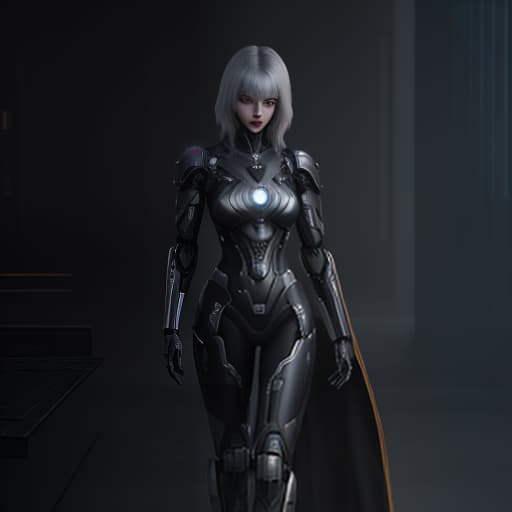  A female robot is cute, made of dark gray metal, standing half sideways and holding a phone in her hand, cyberpunk style, futuristic style, on a dark background hyperrealistic, full body, detailed clothing, highly detailed, cinematic lighting, stunningly beautiful, intricate, sharp focus, f/1. 8, 85mm, (centered image composition), (professionally color graded), ((bright soft diffused light)), volumetric fog, trending on instagram, trending on tumblr, HDR 4K, 8K