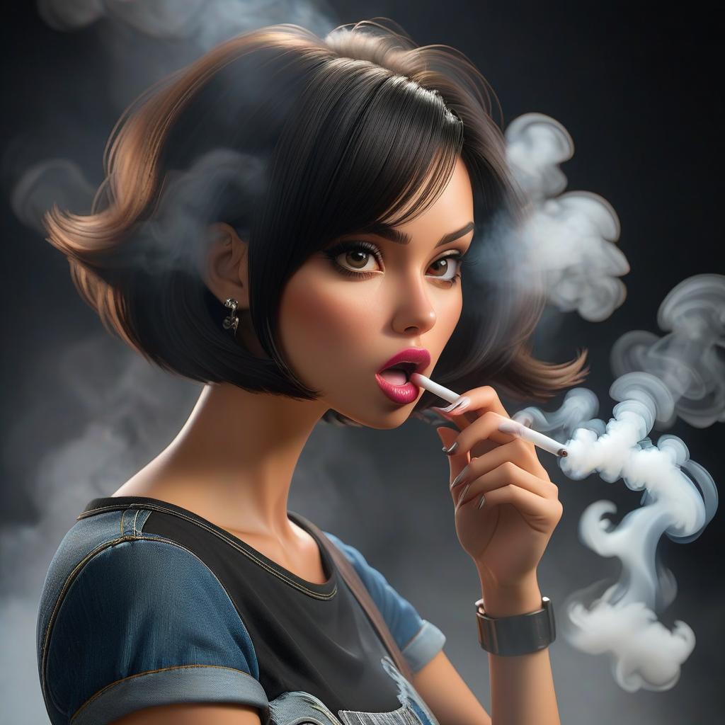  A girl with dark hair, in a bob cut, wearing a black top and denim shorts, blows smoke out of her mouth, facing directly, under fluorescent lighting. hyperrealistic, full body, detailed clothing, highly detailed, cinematic lighting, stunningly beautiful, intricate, sharp focus, f/1. 8, 85mm, (centered image composition), (professionally color graded), ((bright soft diffused light)), volumetric fog, trending on instagram, trending on tumblr, HDR 4K, 8K