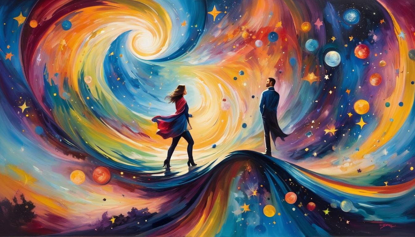  oil paintingattractive woman and handsome man standing on opposite sides of a cosmic divide, stars and galaxies swirling around them, expressions of longing and confusion, ethereal and paradoxical(energetic brushwork, bold vibrant colors, expressive, emotional,bold brush, oil stroke, raw, emotional, dynamic, distortion for emotional effect, detailed,beautiful, loose brushwork, light and shadow play, captures feeling over form, balanced color