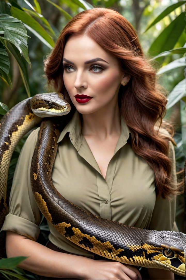  a 1920’s era crying and screaming young female,auburn haired,jungle explorer ,Lillian Gish, wearing her khaki shorts and shirt with khaki knee socks , is attacked by a python She wraps the python around her waist hyperrealistic, full body, detailed clothing, highly detailed, cinematic lighting, stunningly beautiful, intricate, sharp focus, f/1. 8, 85mm, (centered image composition), (professionally color graded), ((bright soft diffused light)), volumetric fog, trending on instagram, trending on tumblr, HDR 4K, 8K